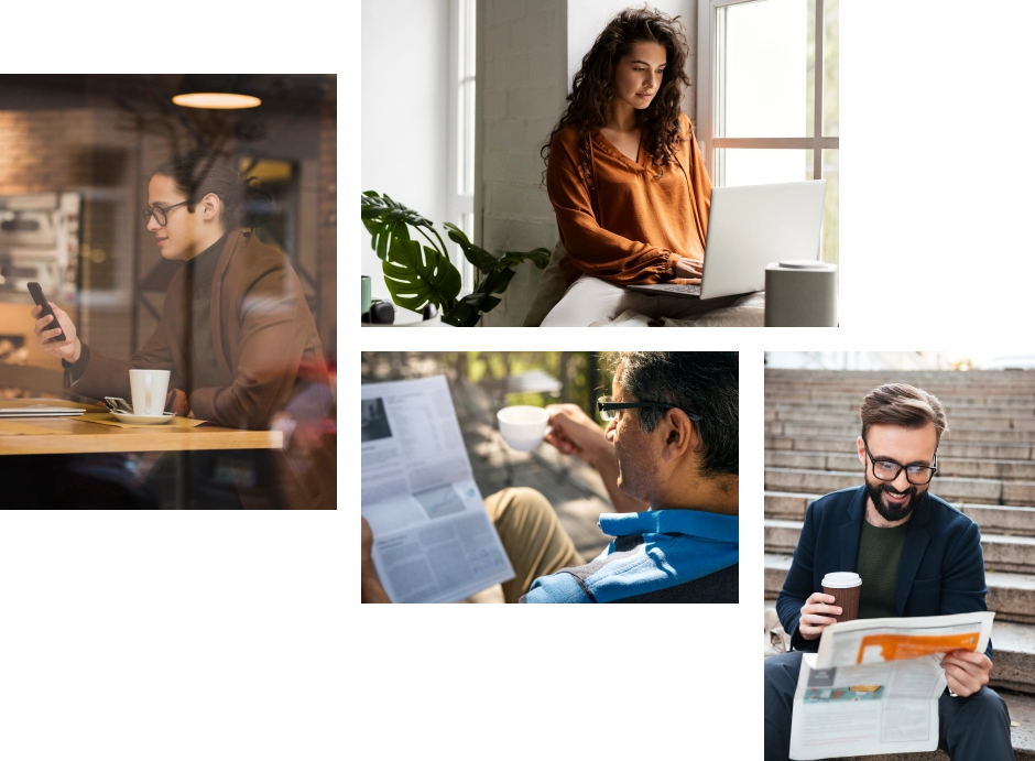 personas leyendo periodicos fisicos y digitales - Publicidad y servicios