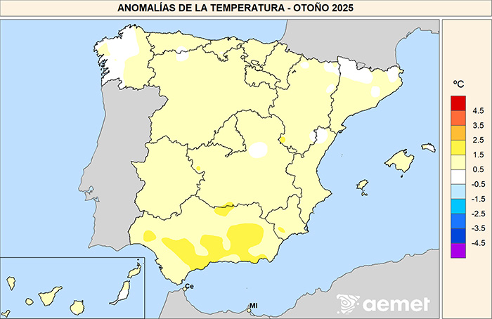 mapa temperaturas 3 - El otoño de 2025 fue muy cálido y seco en el conjunto de España
