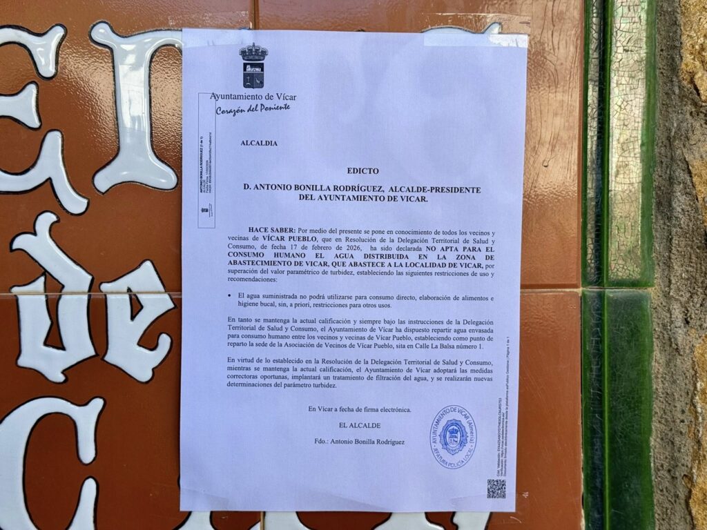 bando - Salud declara no apta para el consumo humano el agua de Vícar Pueblo 