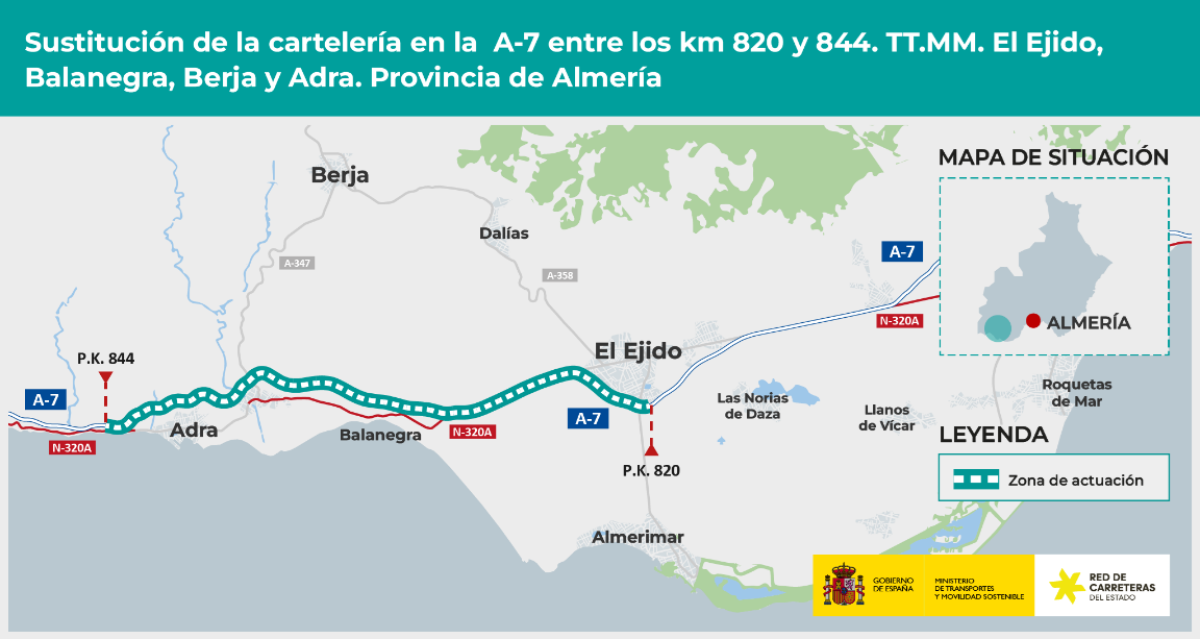 Zona en la que se procederá a la sustitución de cartelería en la A7