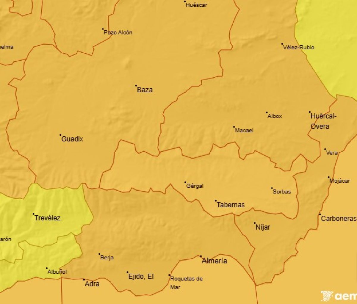 Mapa de la provincia de Almería de la AEMET marcado en naranja. /DC