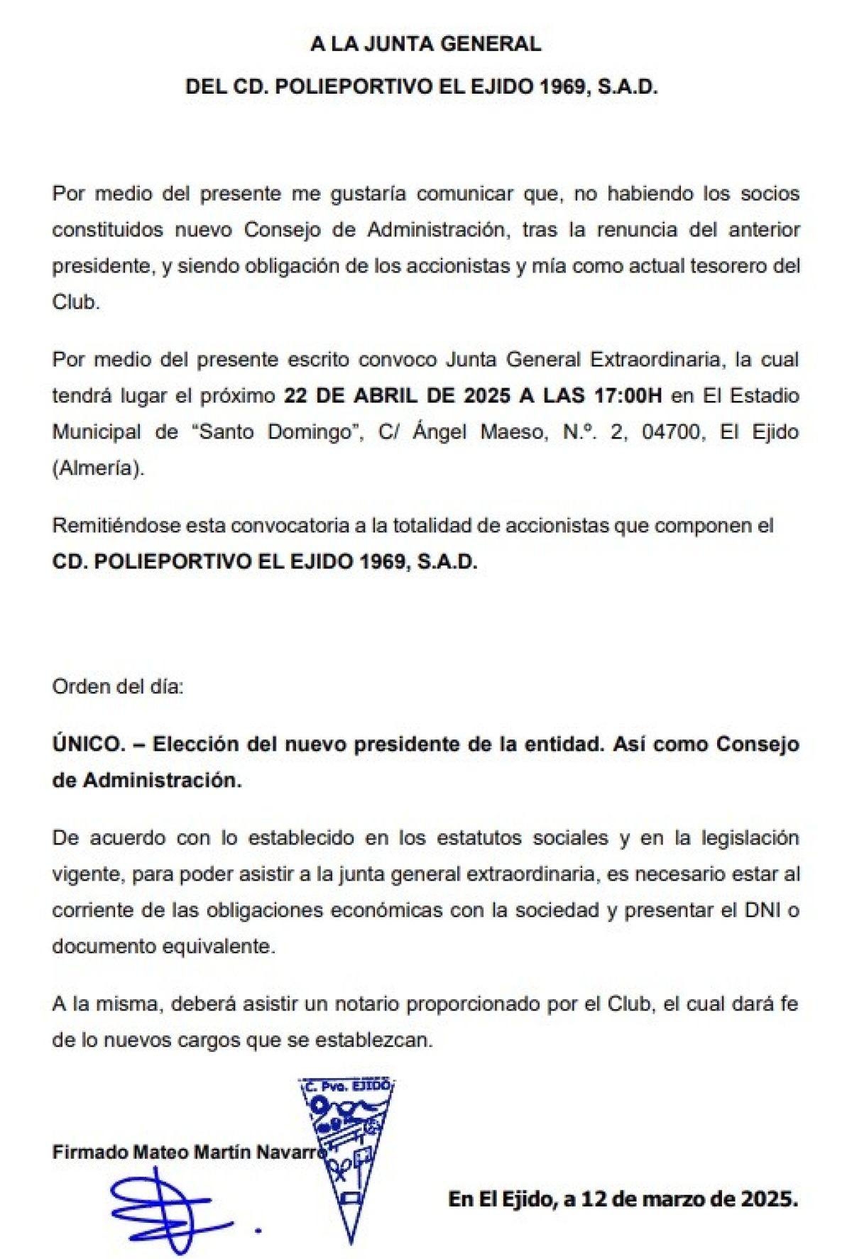 Mateo Martín convoca Junta General Extraordinaria para elegir al nuevo presidente del Polideportivo El Ejido