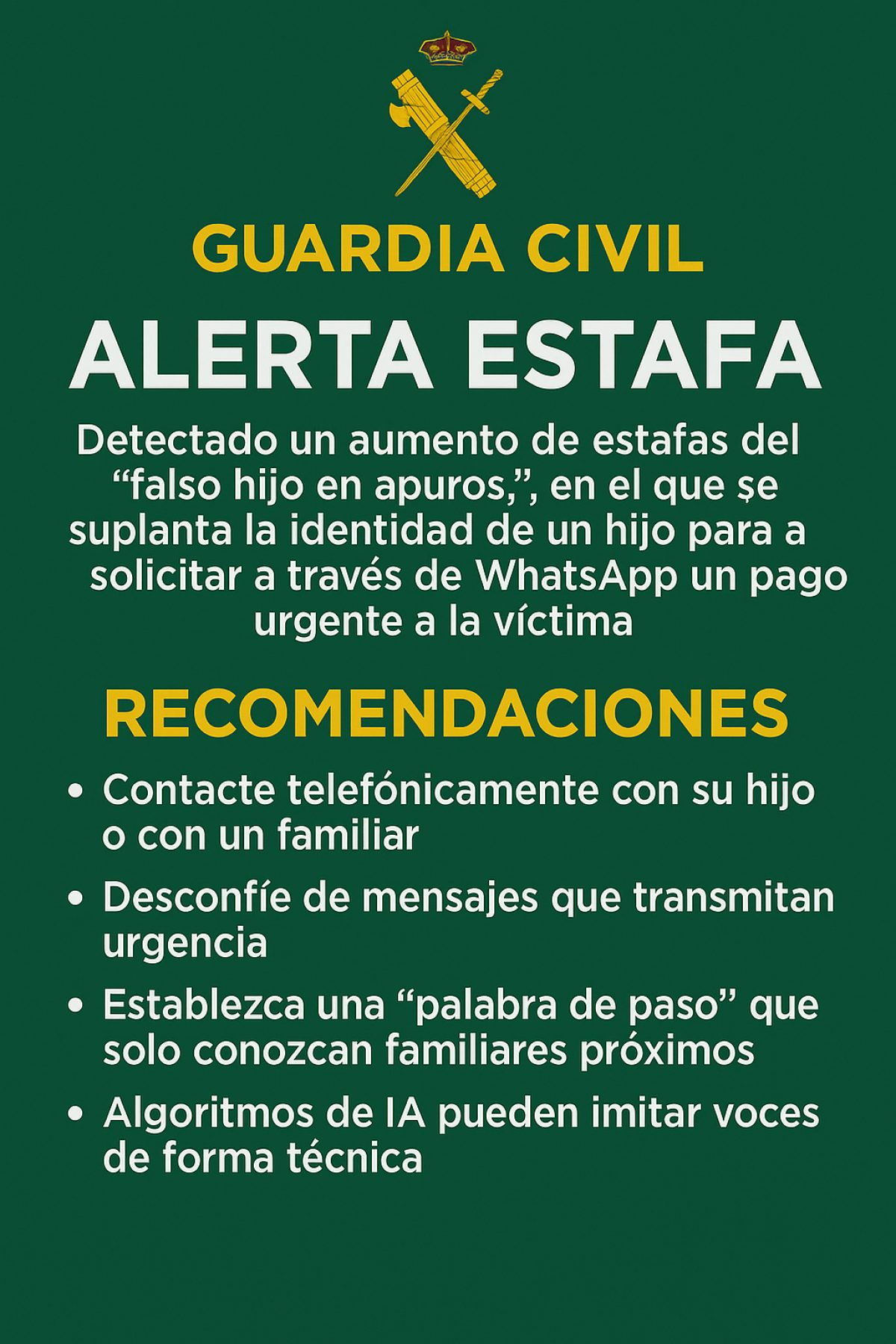 La Guardia Civil de Almería, alerta sobre el incremento de estafas tecnológicas usando la modalidad \"falso hijo en apuros\"
